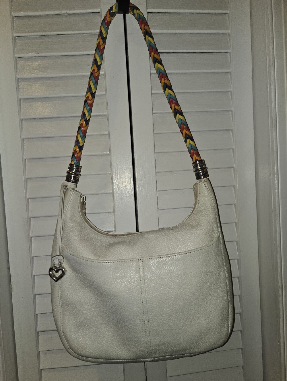 Brighton White Pebble Leather Hobo Shoulder Bag Rainbow Braided Strap